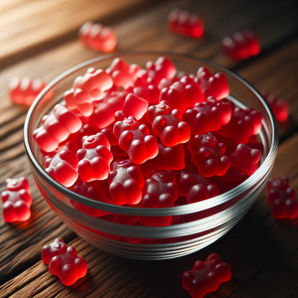 dall·e 2023 10 23 16.55.05 photo of a clear glass bowl filled with red gummy bears placed on a wooden surface. the gummies inside glisten under the ambient light showcasing th