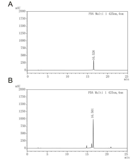 chromatogram of curcumin standard in e. coli a and chromatogram of curcumin in cur49 in a 5 l fermenter b