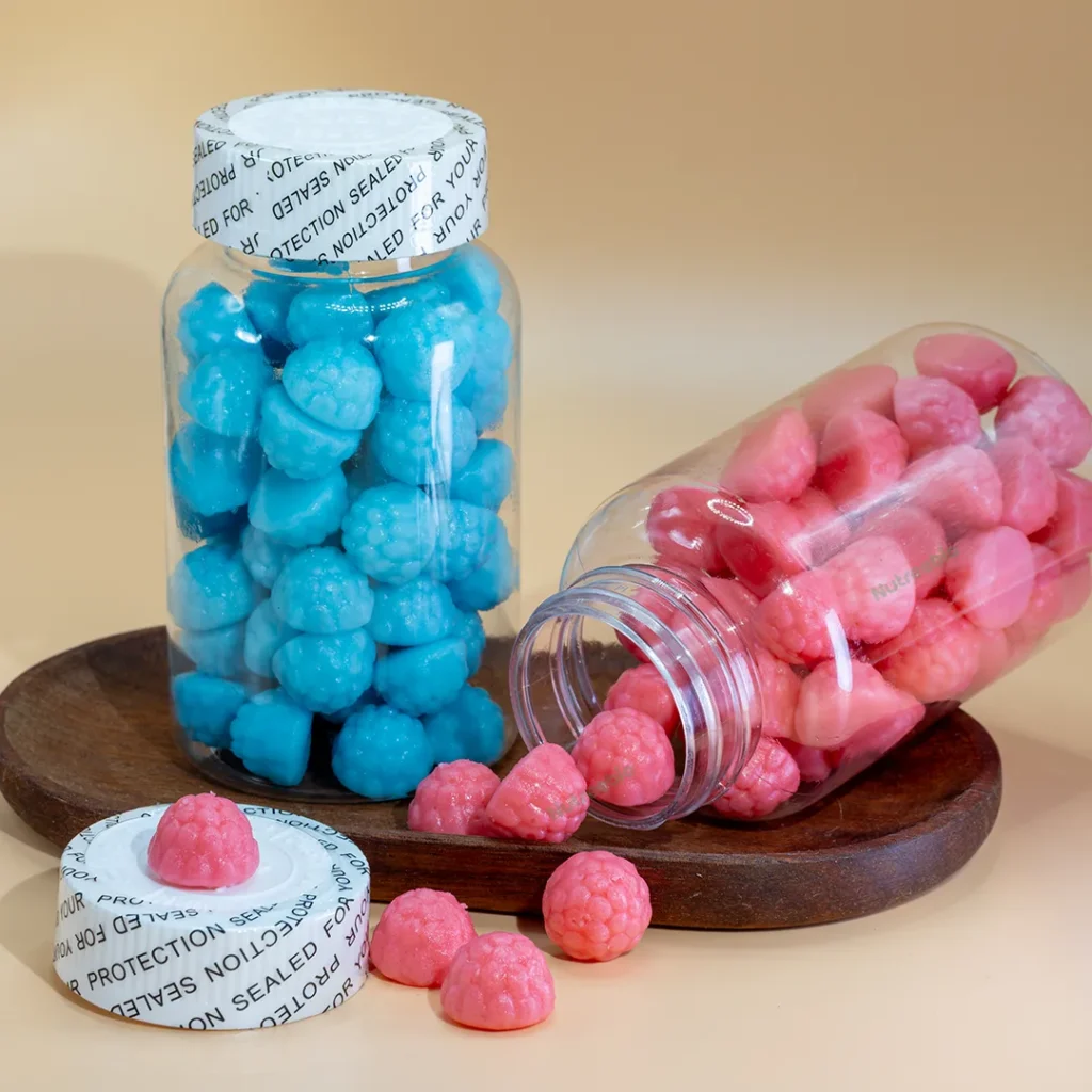 Nutreebio best creatine gummies bottle showing smooth, colorful gummies with 5g verified dosage per serving, tested by Eurofins laboratory.