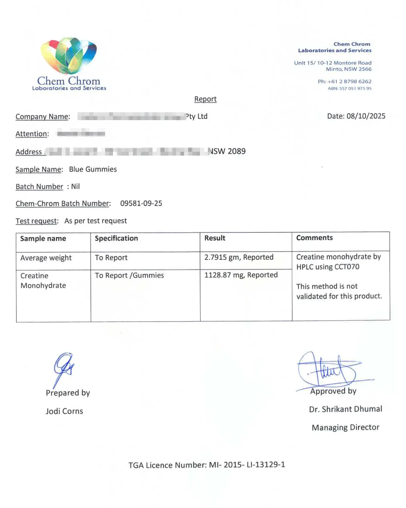 creatine gummies certificates COA